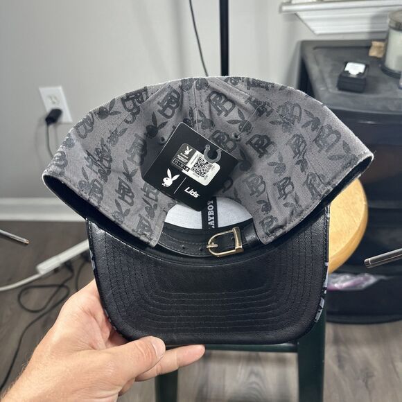 Playboy Premium Print Adjustable Strapback Hat Gray/blk With Leatherette Bill - Picture 3 of 5